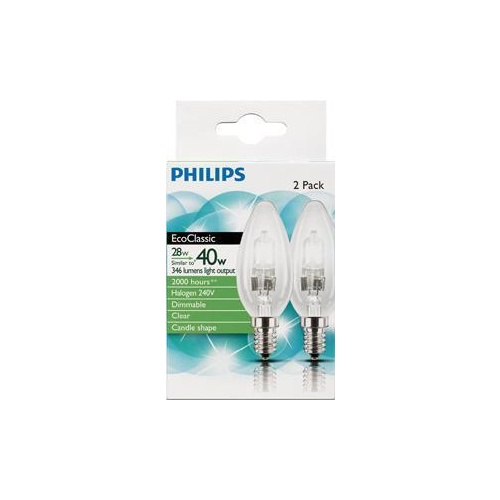 Philips Light Globe Eco Halogen Candle SES Clear 28W 2Pk
