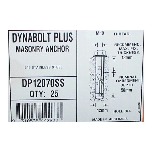 Dynabolt Plus S/S 12mm x 70