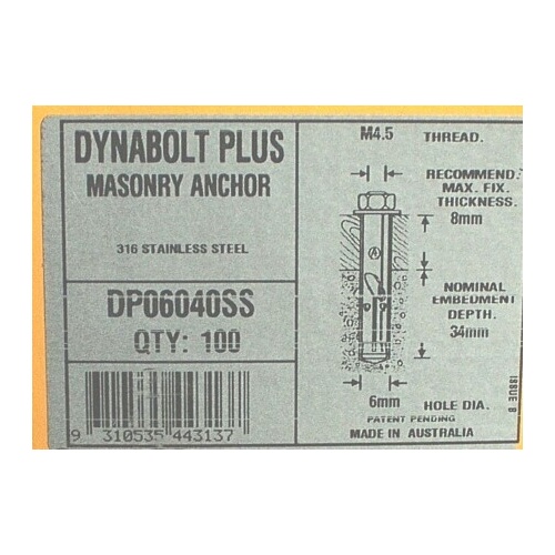 Dynabolt Plus S/S 6mm x 40
