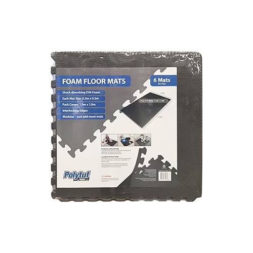 Polytuf EVA Foam Mat Solid Black Pack of 6 50x50cm