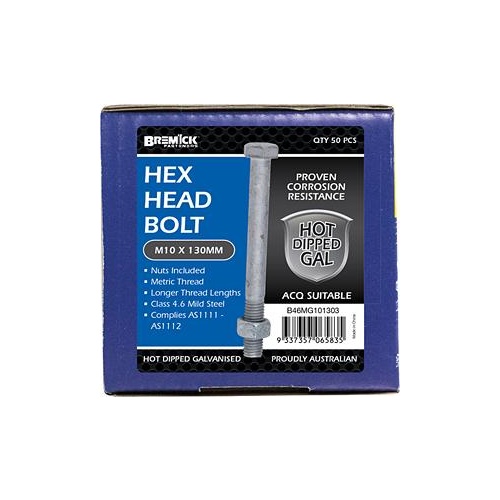 Bolt   Nut Hex Galvanised M10x130 Pc Bremick