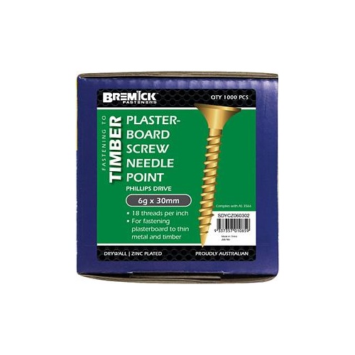 Bremick Screw Plasterboard Needle Point ZP 6gx30 Bx1000