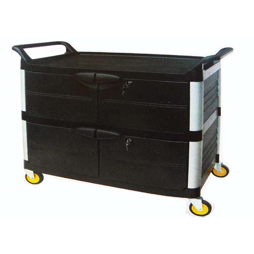 Trolley 3 Tray Black Plastic with Lockable Doors H960 L1030 W510